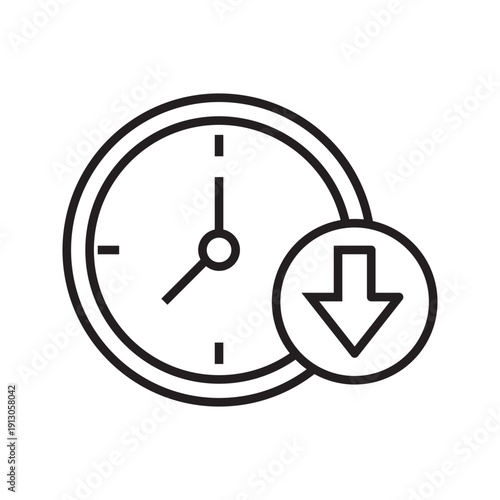 Minimalist line icon of a clock combined with a download arrow symbol. Concept of time tracking, schedule download, deadline update, data sync, and productivity management. Simple outline vector isola