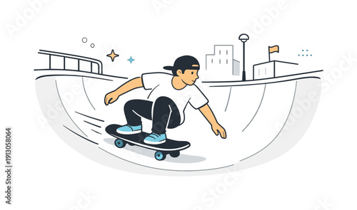 Urban skate park action. A skateboarder rolling through a concrete bowl, calm focus and smooth lines capturing flow, control, and urban sport