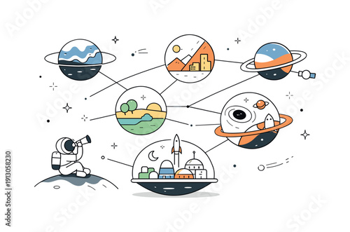 Cosmic multiverse exploration. Abstract universes floating in space, connected by thin lines, showing scale and infinity. Calm, thoughtful