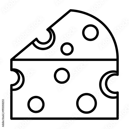 Cheese slice outline icon with holes and bite marks isolated on transparent background.