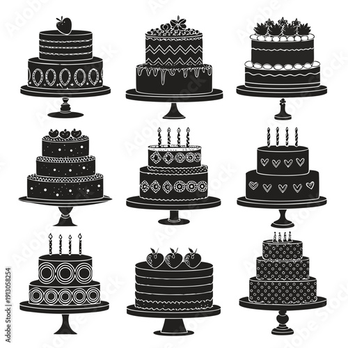 Wedding or birthday cake sketch with heart toppers, black and white illustration