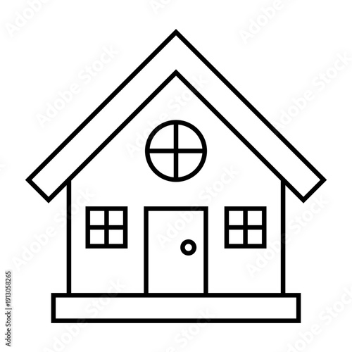 Simple house outline icon with chimney and windows isolated on transparent background.
