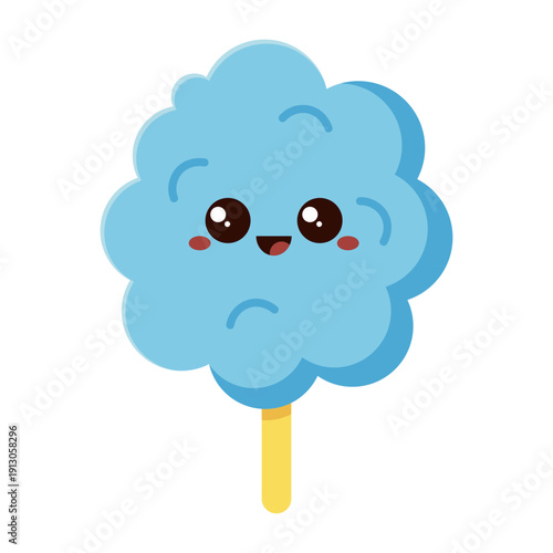 Cute blue cotton candy character on stick isolated on transparent background.
