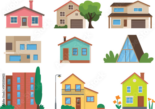 modern residential houses collection flat vector illustration colorful home building set architecture exterior cartoon design isolated pack bundle,