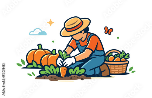 Harvesting Garden Bounty. A farmer harvesting vegetables like pumpkins or carrots from a garden a focused gardening moment where a farmer kneels among green