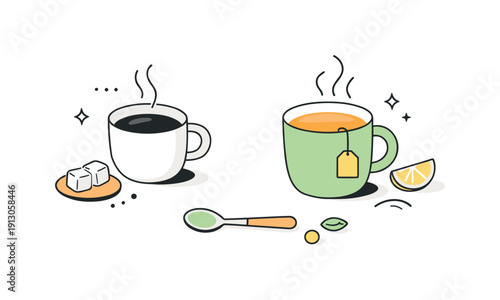 Coffee and tea editorial set. A calm flat lay of a coffee cup, tea mug, and small accessories like a spoon and sugar cubes, arranged with