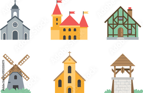 set cartoon architectural buildings icons church castle house windmill chapel well medieval village flat vector illustration isolated collection design pack,