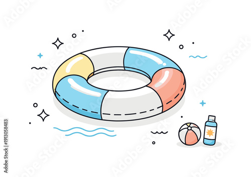    Minimal inflatable ring composition. Stylized swim ring with smooth contours and simple color accents. Calm poolside feeling, modern summer