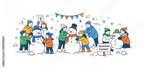 Snowman-building contest. Families and friends shaping snowmen together, playful competition and winter joy. Snowballs, scarves, and gentle