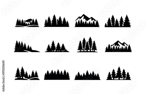   Conifer forest. Solid icon set of Conifer forest: pine forest landscape, dense evergreen trees, mountain forest, winter conifers, forest