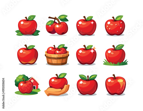 Fresh Apples. Colorful flat vector icons set of Fresh Apples: freshly picked apple, orchard apple fruit, crisp apple look, apple with dew