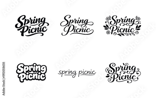   Spring picnic. Set lettering. harmonious lettering variations of the same emblematic concept, each with different artistic interpretation