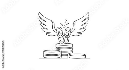 Stunning winged chain link breaking free from stacked coins