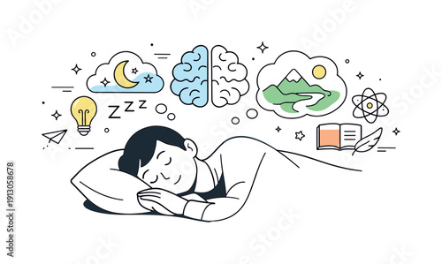 Dreaming Mindscape. Psychology and neurobiology of dreams. A person sleeping peacefully while abstract thought bubbles and brain shapes float above, calm and