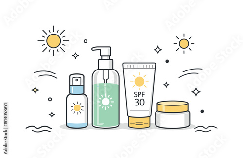 Summer Skincare Minimalism. Summer skincare minimal. Clean arrangement of lightweight skincare bottles and tubes with simple sun icons around. The scene feels