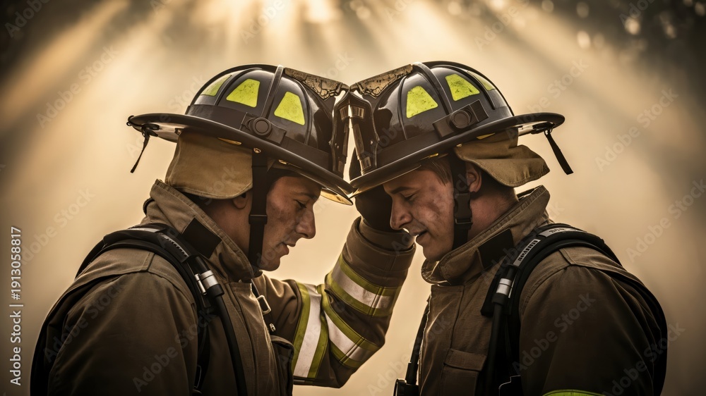Obraz premium Two Male Firefighters Engaged in a Moment of Brotherhood and Support in Firefighter Gear with Bright Helmet Details