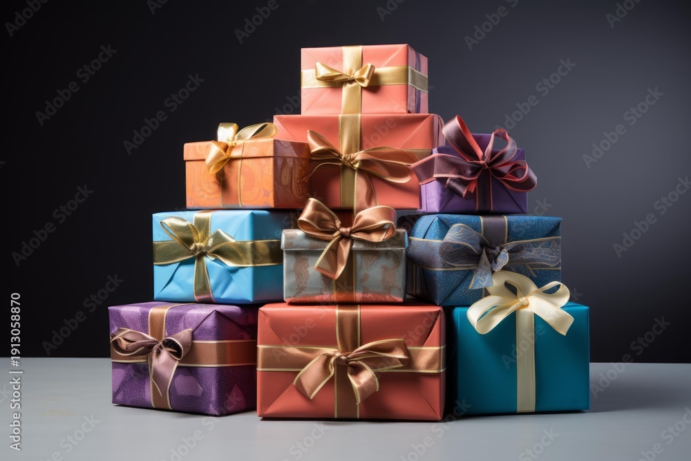 Fototapeta premium Stacked colorful holiday presents with ribbons and bows on dark background
