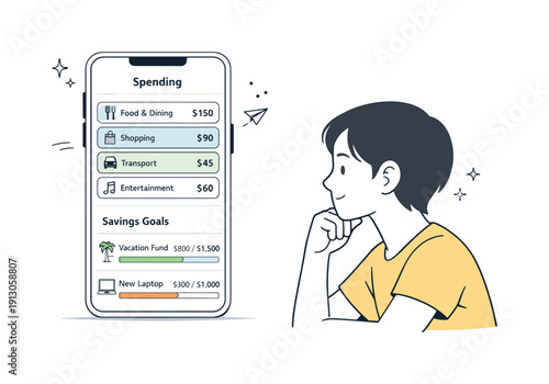 Digital money management. Smartphone screen with spending categories and savings goals, person observing with focus and ease. Clean editorial