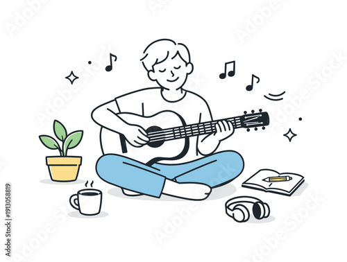 Creative self-expression. A person playing music or crafting with hands, highlighting relaxation, flow, and personal enjoyment. Minimalist