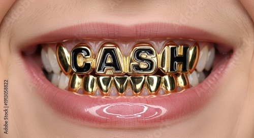 Person with gold grillz teeth cash.