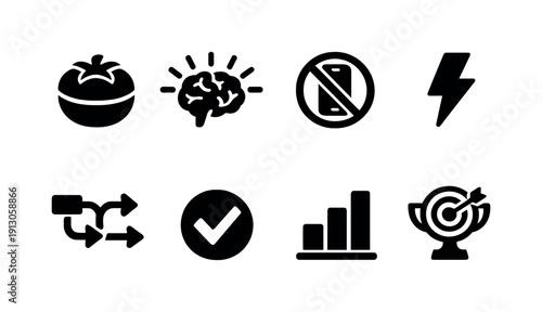   Focus and efficiency tools. Filled icon set of Focus and efficiency tools: pomodoro timer,