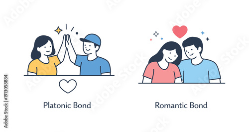 Different types of bonds. Visual comparison of platonic and romantic relationships, peaceful understanding and respect. Symbols like hearts,