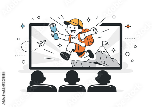 Animated storytelling. A cartoon character brought to life on a cinema screen, with soft light beams and abstract shapes emphasizing motion