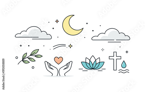 Blessed night atmosphere. A calm abstract scene combining moonlight, clouds, and soft glowing symbols, suggesting peace, forgiveness, and