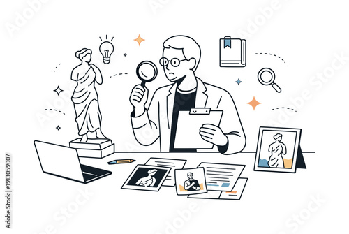 Art Appraisal Process. Fine art evaluation process. An appraiser comparing a sculpture with documents and reference photos, thoughtful and precise workflow.