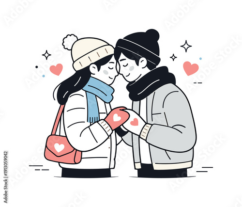 Seasonal romance. People in winter outfits sharing a quiet moment, heart motifs visible on gloves, bags, or sweaters. The atmosphere feels