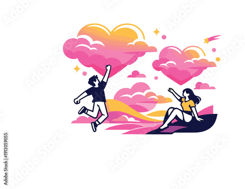   Surreal heart-shaped clouds at sunset. Giant heart-shaped clouds glowing in pink and orange