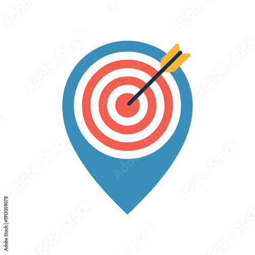 Arrow precisely hitting bullseye of target within blue pin icon illustration symbolizing accuracy and focus