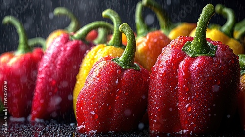 Colorful red and yellow peppers sit on a table, sparkling from freshly fallen raindrops