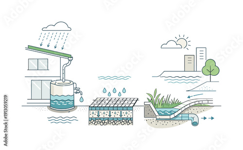 Climate adaptation architecture water management. Architectural details showing rainwater collection, drainage channels, and permeable
