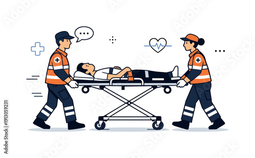 Paramedics in Action. Medical rescue response. Paramedics carrying a stretcher with careful movement and clear communication, calm urgency and precision. Clean
