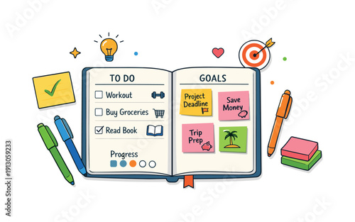Setting up a planner with colorful pens and sticky notes conveyed through a cheerful planning moment with color-coded reminders and small