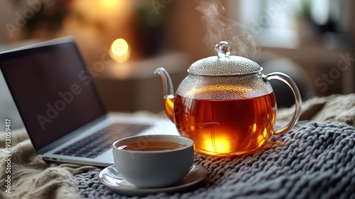 Steaming tea in a glass pot sits next to a laptop on a soft blanket, inviting warmth
