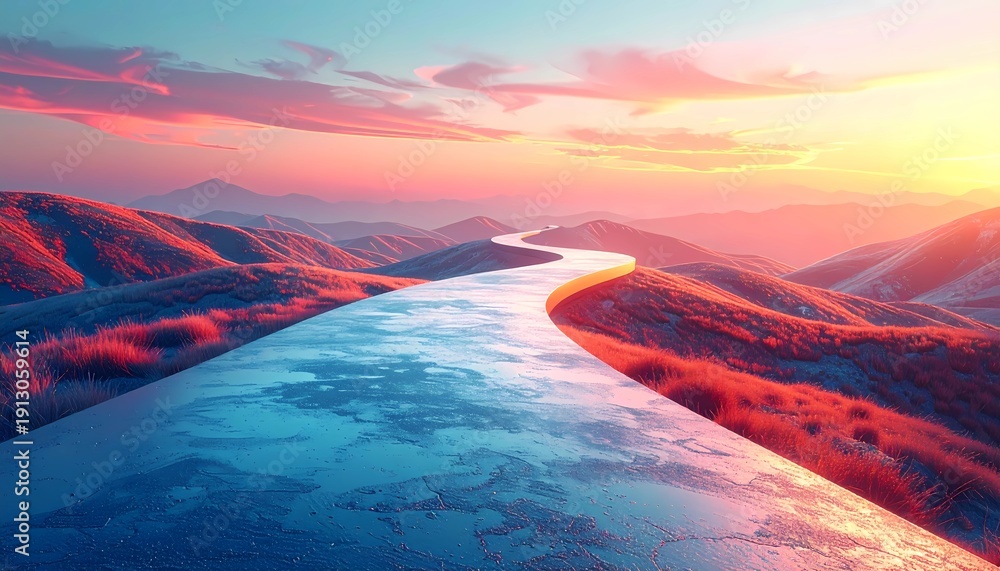 Fototapeta premium A winding road through a fantasy mountain landscape symbolizing journey, hope, and the future.