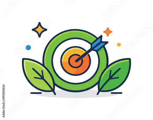 Spring goals target symbol paired with leaves and stars, representing direction, confidence, and achievable aspirations. Minimalist flat