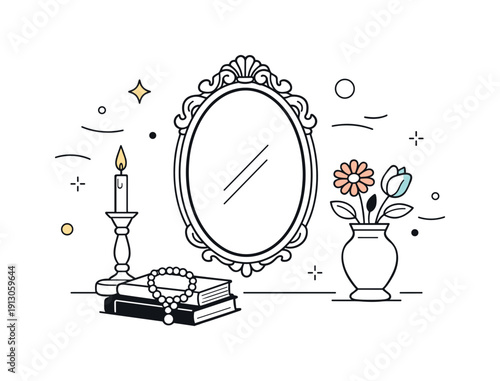 Minimal vintage decor illustration. A single antique mirror paired with a few classic decorative pieces, softly floating with abstract