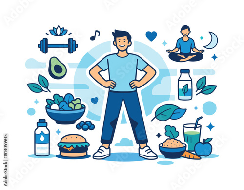   Balanced plant-based life. Person standing confidently with plants, food, and wellness icons