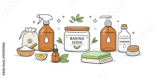 Eco-Friendly Cleaning Collection. Neutral natural cleaners collection. Reusable bottles and jars in matching tones arranged symmetrically, clean silhouettes