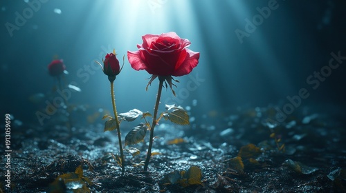 Two bright red roses bloom from rich earth, bathed in soft sunlight