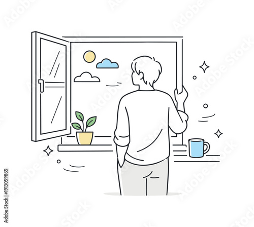   Soft natural light realism. Person standing near an open window, light outlining the silhouette softly. Subtle contrast and realistic mood