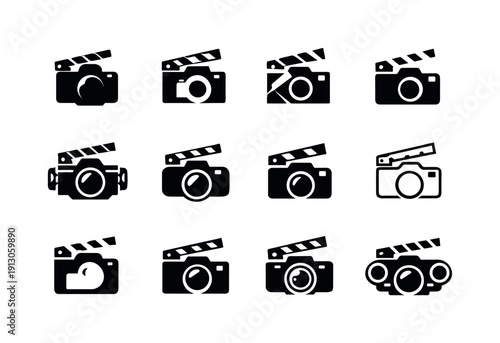 Behind-the-Scenes Icons. Behind the scenes shoot. Icon set. Set Logo of behind the scenes shoot: clapperboard with camera. harmonious logo variations of the