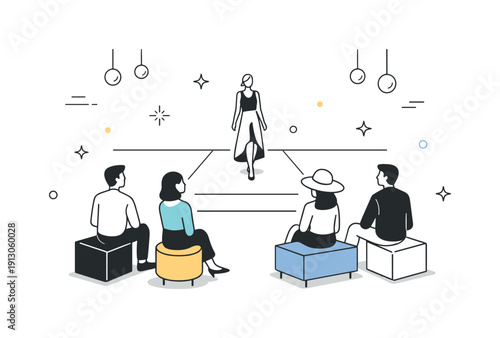 Fashion week audience experience. Seated viewers watching a runway show, calm attention and stylish atmosphere. Simple figures, geometric