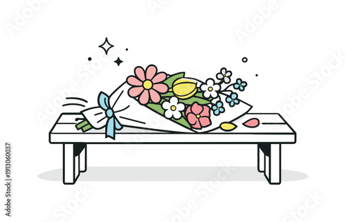    Unattended spring bouquet. Fresh flowers lying on a bench in soft daylight, petals still bright. Quiet storytelling through absence and