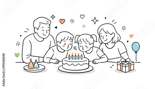 Celebration at home. Family gathered around a table watching as candles are blown out together. Cozy shared joy with simple hearts, stars,