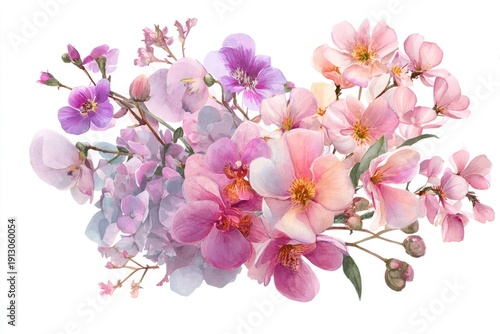 Pink and purple flowers bouquet with delicate petals and green leaves isolated on white background for floral decoration and spring nature concept with soft colors.