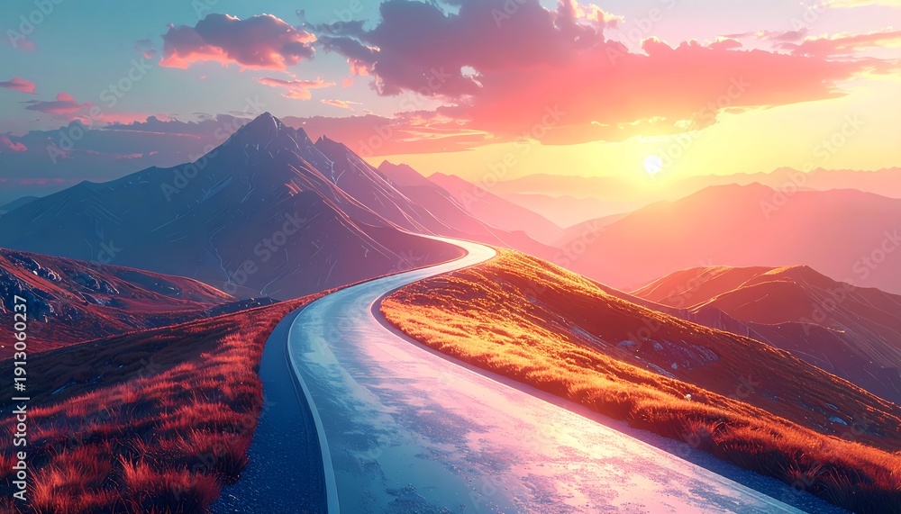 Fototapeta premium A winding road through a fantasy mountain landscape symbolizing journey, hope, and the future.